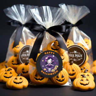Sticker Rond Cute Kawaii Girl en Halloween Citrouille