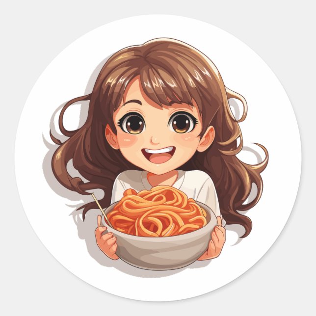Sticker Rond Cute Kawaii Girl Manger Spaghetti (Devant)