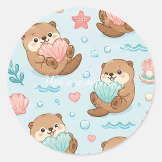 Sticker Rond Cute Kawaii Otter Heart Seashell Pattern