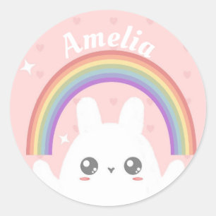 Sticker Rond Cute Kawaii Rabbit et arc-en-ciel Personnalisé