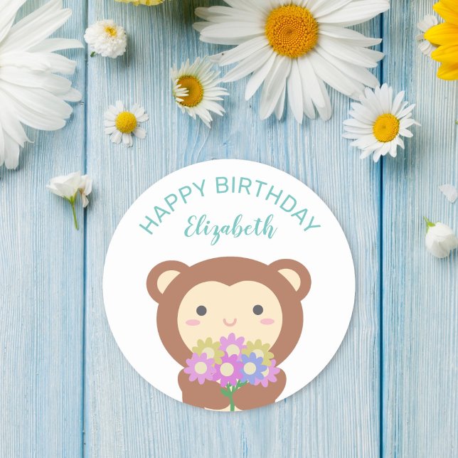 Sticker Rond Cute Kawaii Singe Avec Fleurs Joyeux Anniversaire (Créateur téléchargé)