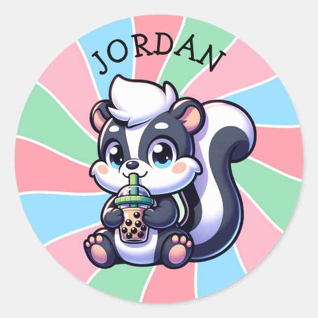 Sticker Rond Cute Kawaii Skunk with Bubble Tea Personnalisé (Devant)