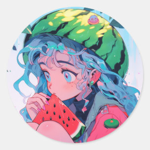Sticker Rond Cute Kawaii Watermelon Fruit Nature Anime Girl