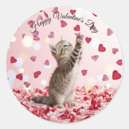 Sticker Rond Cute Kitten Catching Valentine Heart Petals