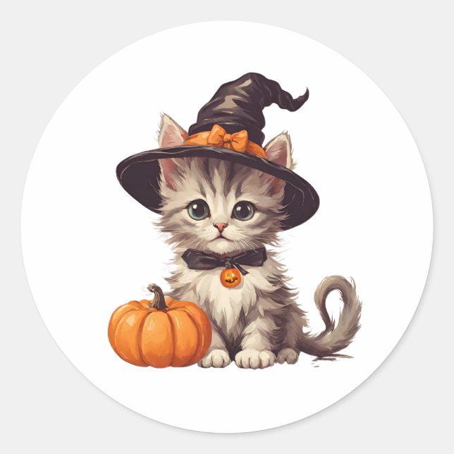Sticker Rond Cute Kitten en costume sorcier Halloween (Devant)