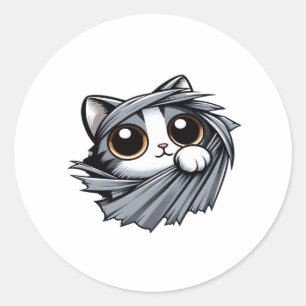 Sticker Rond Cute Kitten Jetant À Travers Un Tissu Déchiré