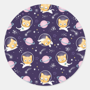 Sticker Rond Cute Kitty Chat Astronauts Motif