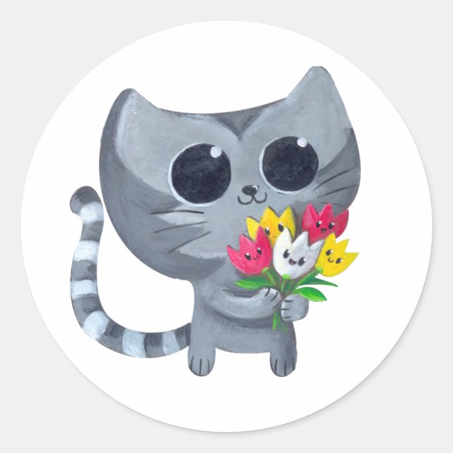 Sticker Rond Cute Kitty Chat et fleurs (Devant)
