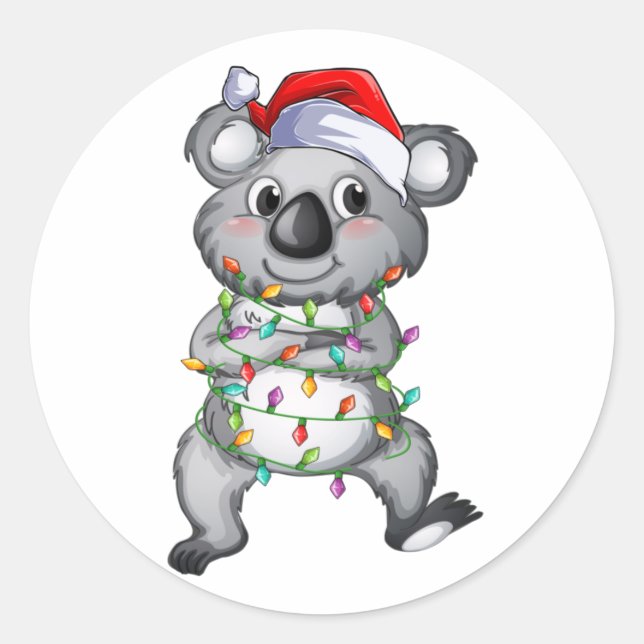 Sticker Rond Cute koala aux lumières de Noël classique manche r (Devant)