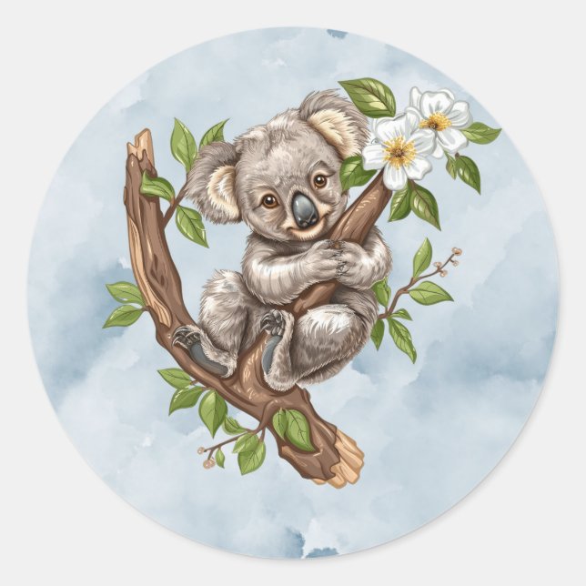 Sticker Rond Cute Koala Bear Baby shower d'aquarelle bleu (Devant)