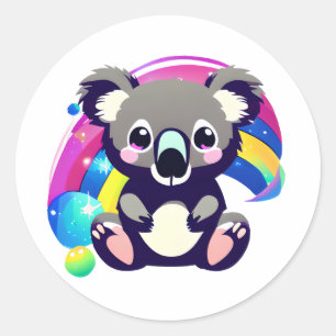 Sticker Rond Cute Koala Ours et arc-en-ciel