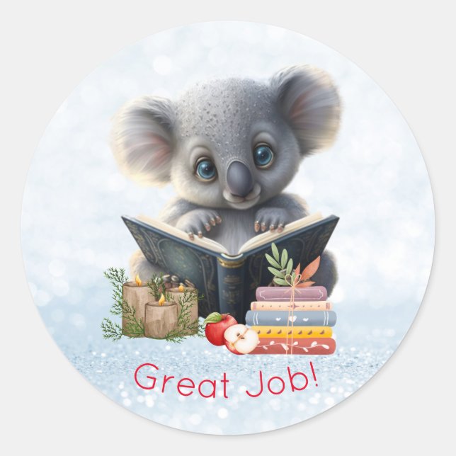 Sticker Rond Cute Koala Ours lecture livres Great Job Custom (Devant)