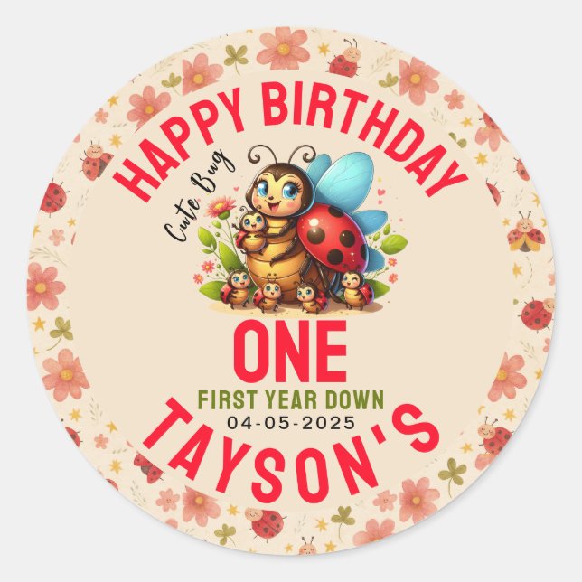 Sticker Rond Cute Ladybug 1er anniversaire | Fête de thème de b (Devant)