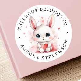 Sticker Rond Cute lapin tenant coeur bibliothèque livre étiquet