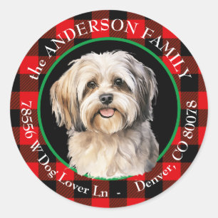 Sticker Rond Cute Lhasa Apso Dog Buffalo Plaid Adresse de retou