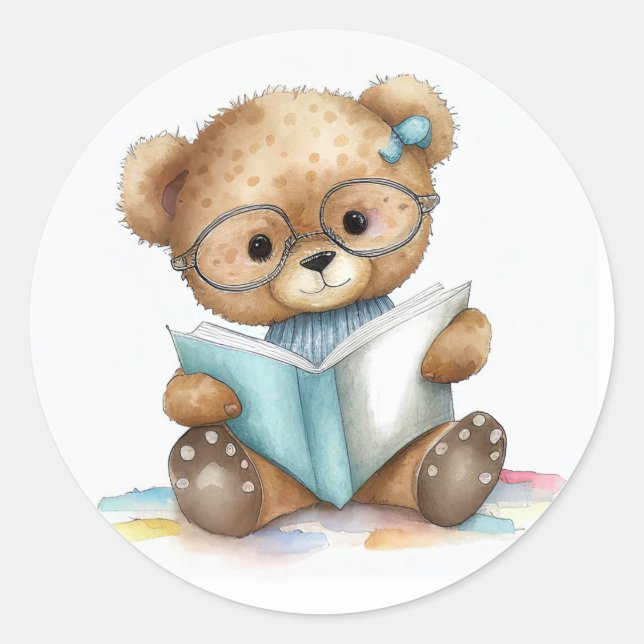 Sticker Rond Cute Librairie Librairie Livres Teddy Bear (Devant)