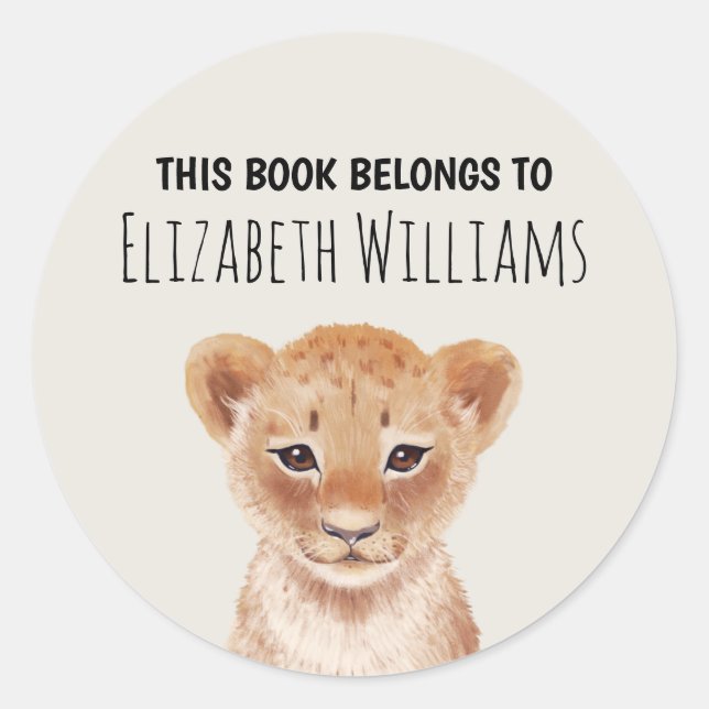 Sticker Rond Cute Lion Cub Nom Personnalisé École (Devant)