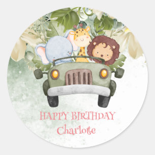 Sticker Rond Cute lion race car Safari jungle Anniversaire fête