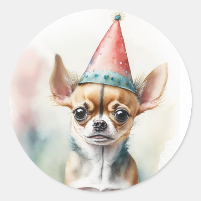 Sticker Rond Cute Little Chihuahua avec Casquette d'anniversair (Devant)