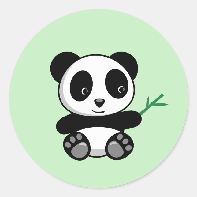 Sticker Rond Cute Little Panda avec Bâton en Bambou vert (Devant)