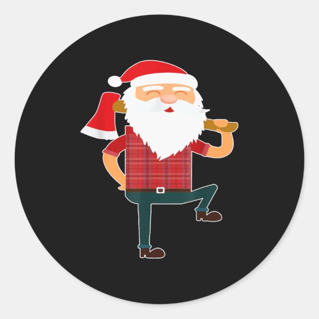 Sticker Rond Cute Lumberjack Santa Funny Ugly Christmas Axe Hat (Devant)