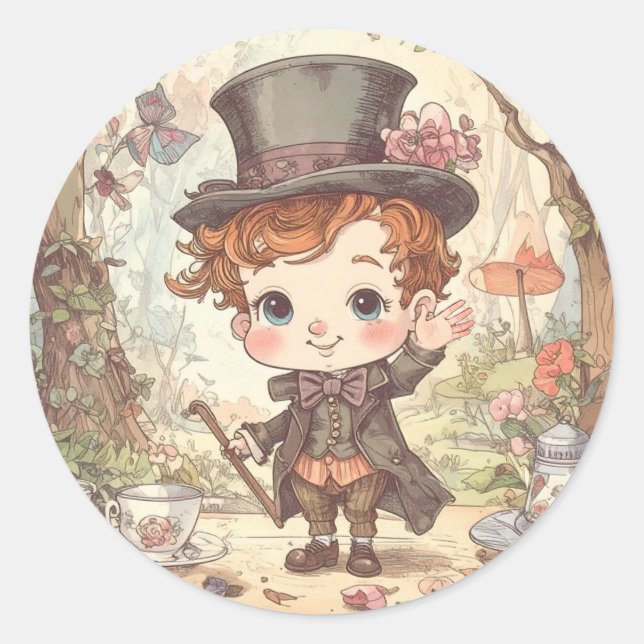 Sticker Rond Cute Mad Hatter Whimsical Wonderland Woodland Art (Devant)