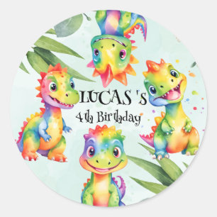 Sticker Rond Cute Magique Rainbow Dinosaur Bonne fête d'anniver
