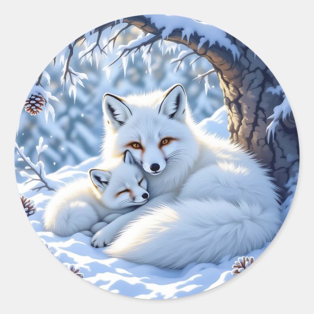 Sticker Rond Cute Mama and Baby White Foxes in the Snow (Devant)