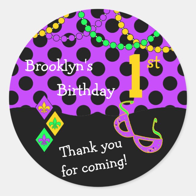 Sticker Rond Cute Mardi Gras Thème 1er Sceau d'anniversaire (Devant)