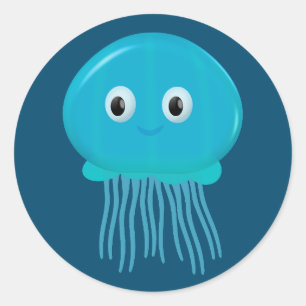 Sticker Rond Cute méduse Cartoon Dans L'Océan Bleu