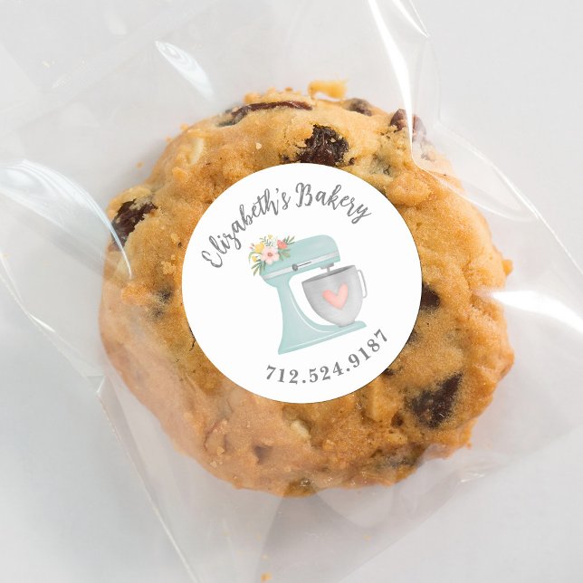 Sticker Rond Cute Mélangeur de gâteaux Boulangerie d'affaires C (A pretty blue mixer decorates this bakery sticker. Personalize it with your bakery name.)