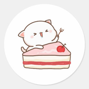 Sticker Rond Cute Mochi Peach Chat Aime Le Gâteau