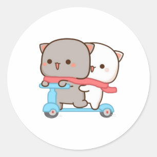 Sticker Rond Cute Mochi Peach Chat Couple Vélo équitation