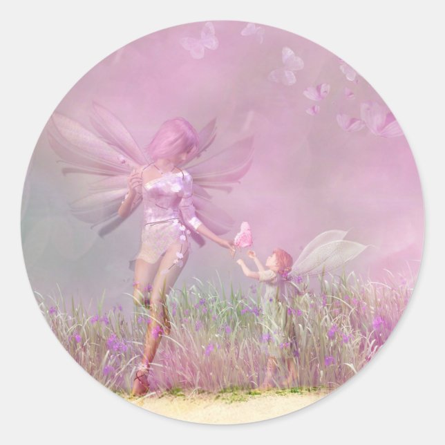 Sticker Rond Cute Moderne Fées Papillons Rose Girls (Devant)