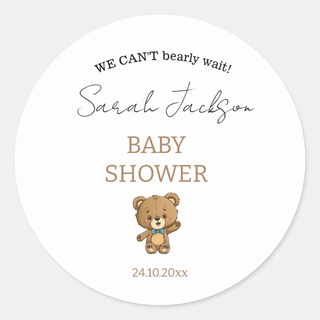 Sticker Rond Cute Moderne Neutre Blanc Teddy Baby shower Ours (Devant)