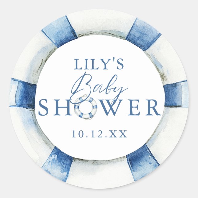 Sticker Rond Cute Nautical Ocean Lifebuoy Baby shower Favoriser (Devant)