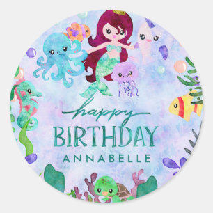 Sticker Rond Cute Ocean Animals Mermaid Thème Joyeux Anniversai