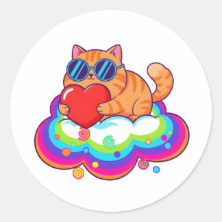 Sticker Rond Cute Orange Cat Holding Red Heart on Rainbow Cloud