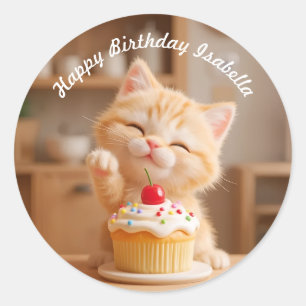 Sticker Rond Cute Orange Kitten avec un Cupcake