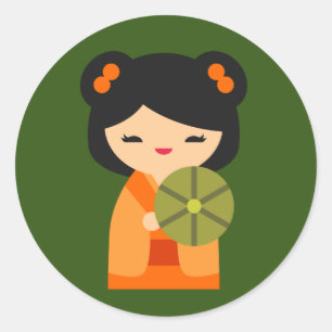 Sticker Rond Cute orange Kokeshi poupées japonaises