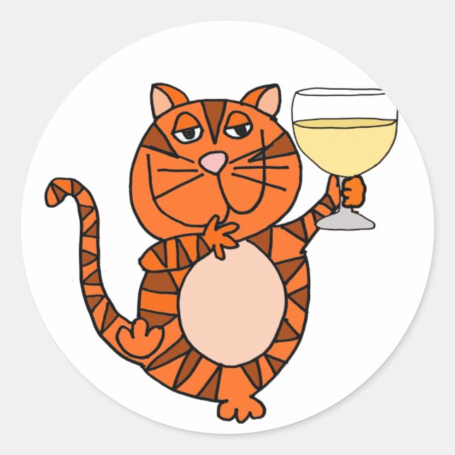 Sticker Rond Cute Orange Tabby Chat Boire Vin Cartoon (Devant)