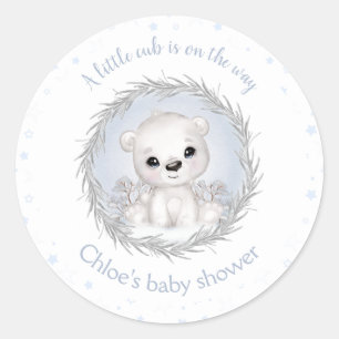 Sticker Rond Cute Ours Polaire Baby shower Garçon d'hiver Blanc