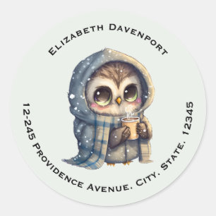 Sticker Rond Cute Owl tenant une adresse café