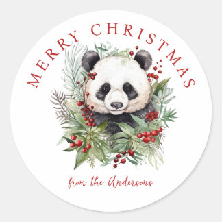 Sticker Rond Cute Panda Bear Botaniques rustiques de Noël