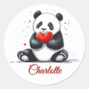 Sticker Rond Cute Panda Holding Heart avec nom personnalisable