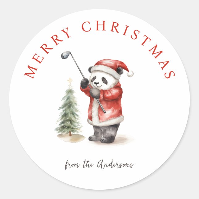 Sticker Rond Cute Panda jouant au golf Noël (Devant)
