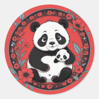 Sticker Rond Cute Panda tenant bébé avec des fleurs rouges
