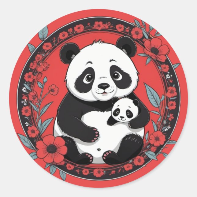 Sticker Rond Cute Panda tenant bébé avec des fleurs rouges (Devant)
