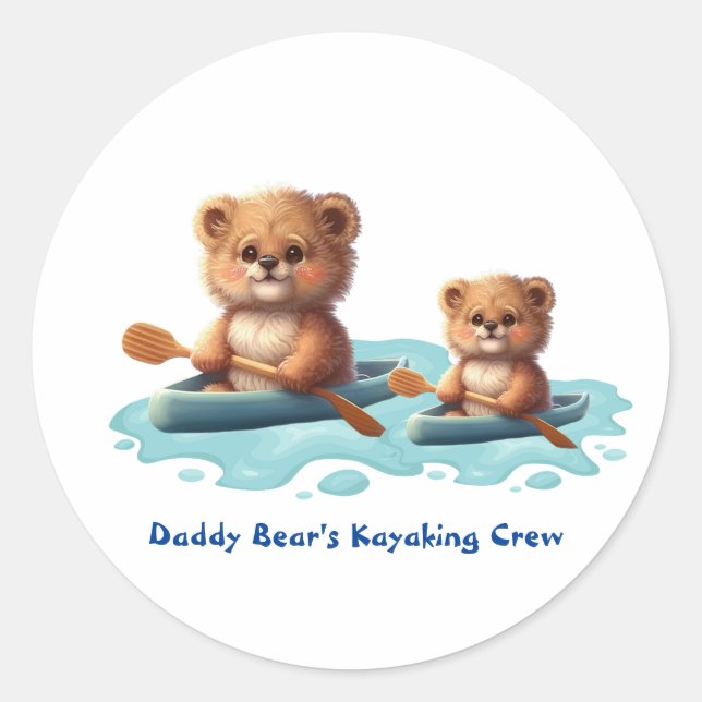 Sticker Rond Cute papa et bébé ours à Kayak Customisé (Devant)