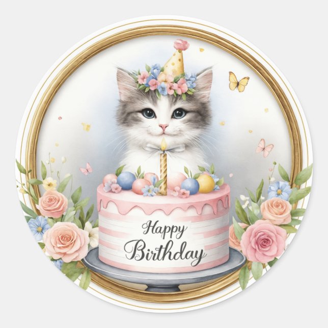 Sticker Rond Cute Pastel Kitten Gâteau d'anniversaire - Anniver (Devant)